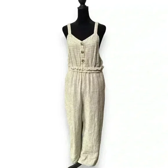 Romeo & Juliet Couture Tan Striped Linen Blend Jumpsuit Adjustable strap size Lg - Picture 15 of 16